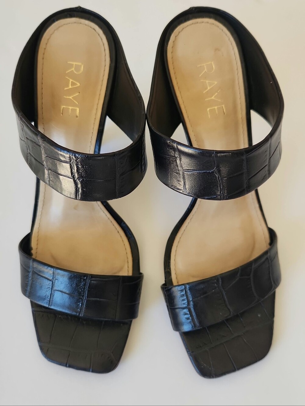 RAYE Black Gaze Croc-Embossed Double Strap Square Toe Slide Heels Size 8